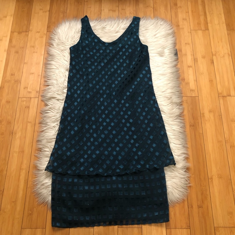 Vintage Patra Metallic Diamond Tiered Sleeveless Teal Cocktail Mini Dress size S